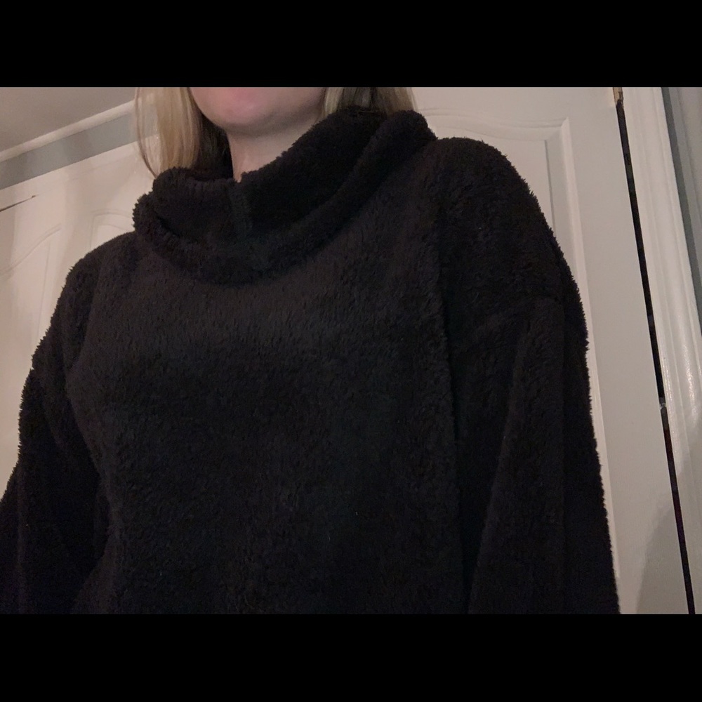black fluffy cozy sweater - fold over turtle neck